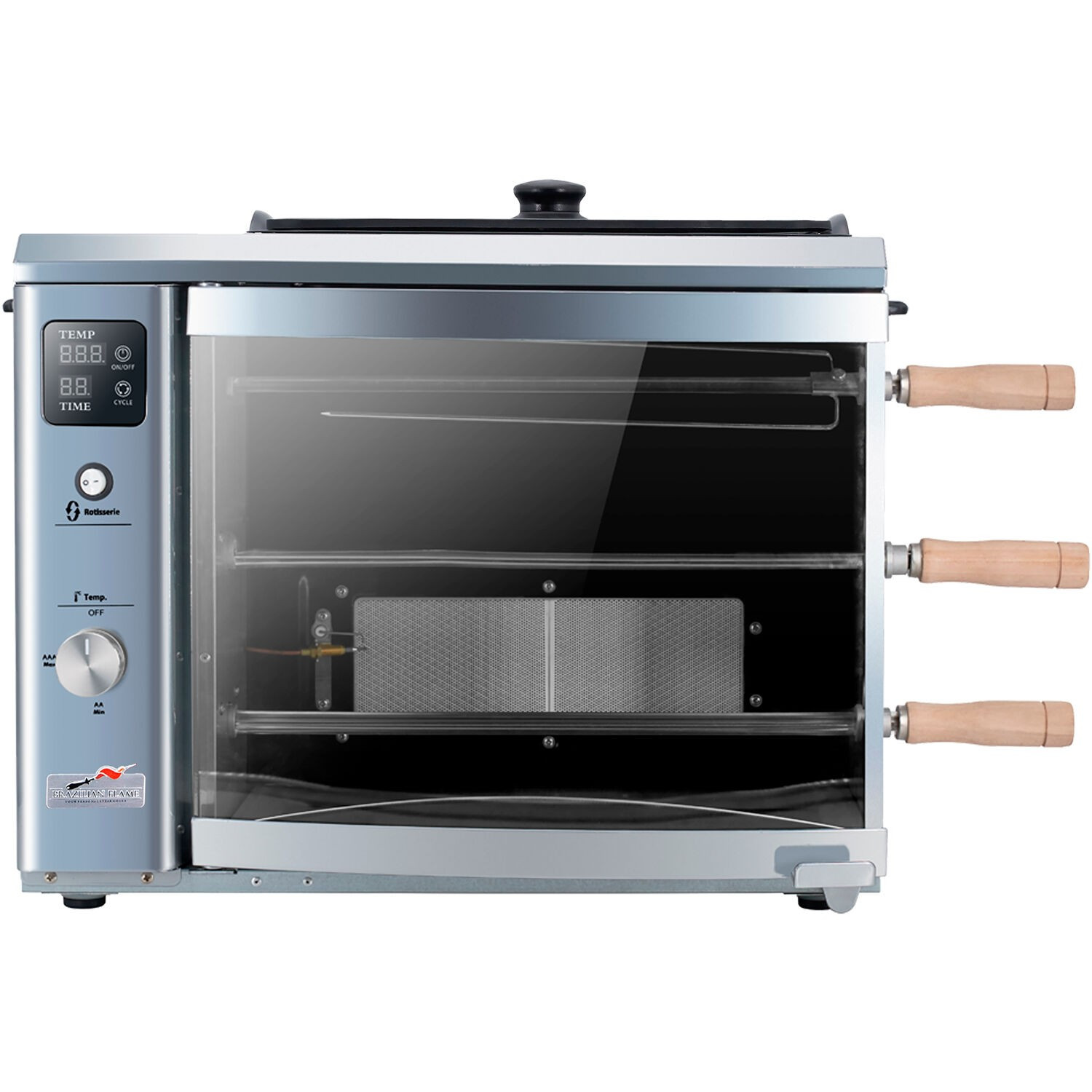 Brazilian Flame Gas Rotisserie Grill with 3 Skewers and Upper
